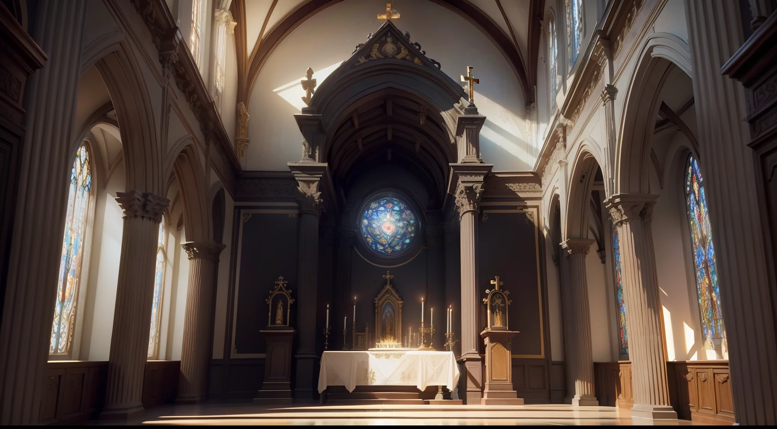 an ultra realistic photo of an altar in a catholic church chapel, intricate image, ultra detailed, with a golden cross in the center of the altar, gothic style image, picture perfect and beautiful