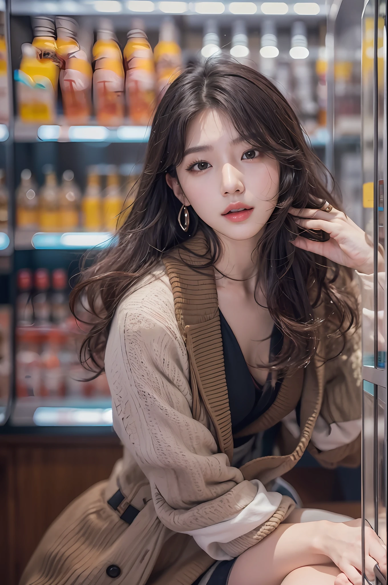 (19-years-old, girl), (Top image quality), (super high resolution, Photorealsitic), 8K, nffsw, cinematlic lighting, beautiful  lighting, Professional Writing, Physically Based Rendering, photon maping, A face with attention to detail, Face Highlights, slim body style, In downtown Tokyo、In front of a vending machine、
K-pop Singer's (Leeseo) is taking a selfie with a smartphone at a hamburger shop。Slim body accentuated by black sexy stage outfit、Full of sexual characteristics。de pele branca、dark brown  hair、Floating hair、Medium Hair、Staring、(perfect arms、perfect hand、Perfect fingers)、highlydetailed skin、realistic skin detail、Visible Pore、vista de longe、body shot