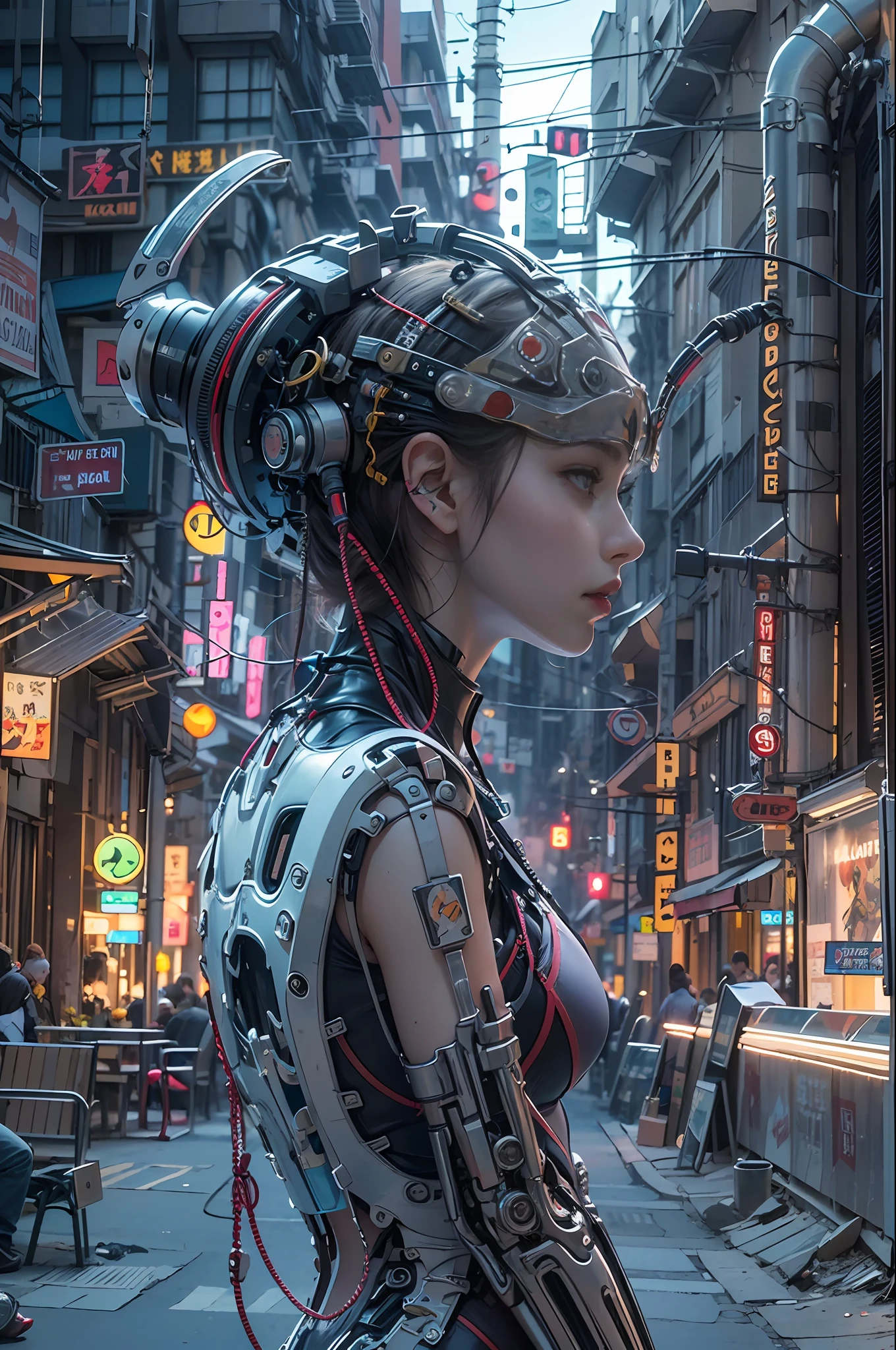 Top Quality, Masterpiece, Ultra High Resolution, ((Photorealistic: 1.4), Raw Photo, 1 cyberpunk Girl, Glossy Skin, 1 Mechanical Girl, (Ultra Realistic Details)), mechanical limbs, tubes connected to the mechanical parts, mechanical vertebrae attached to the spine, mechanical cervical attachment to the neck, wires and cables connecting to the head, Evangelion, Ghost in the Shell, small glowing LED lamps, global lighting, deep shadows, Octane Rendering, 8K, Ultra Sharp, Metal, Intricate Ornament Details, baroque details, Very intricate details, realistic light, CGSoation trend, facing the camera, neon details, (android manufactory in background), art by H.R. Giger and Alphonse Mucha.