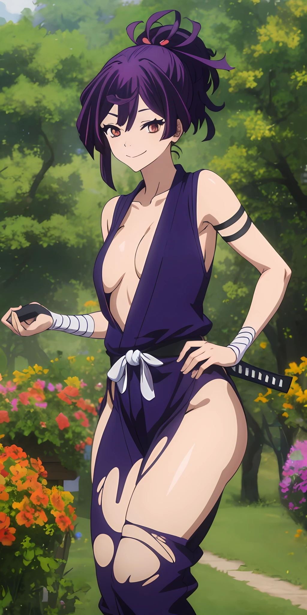 best quality, masterpiece, topknot, medium hair, breasts apart, seductive smile, pants, anime, character, beta, yuzuriha, jigokuraku, kizuki, yuzuriha_(jigokuraku), purple hair, brown eyes, ninja, bukkake, top knot, dress, torn clothes, perfect