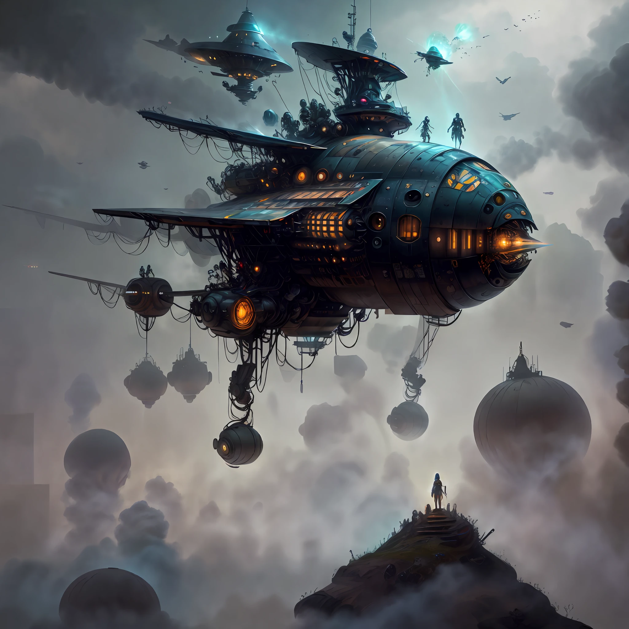 a beautiful porcelain profile woman android face, cyborg, robotic parts, painting of a futuristic space ship lifting off from the earth as a small
group of people watch, 4k textures, hdr, intricate, highly detailed, sharp focus, cinematic look, hyperdetailed startling
stories, cover art, illustration