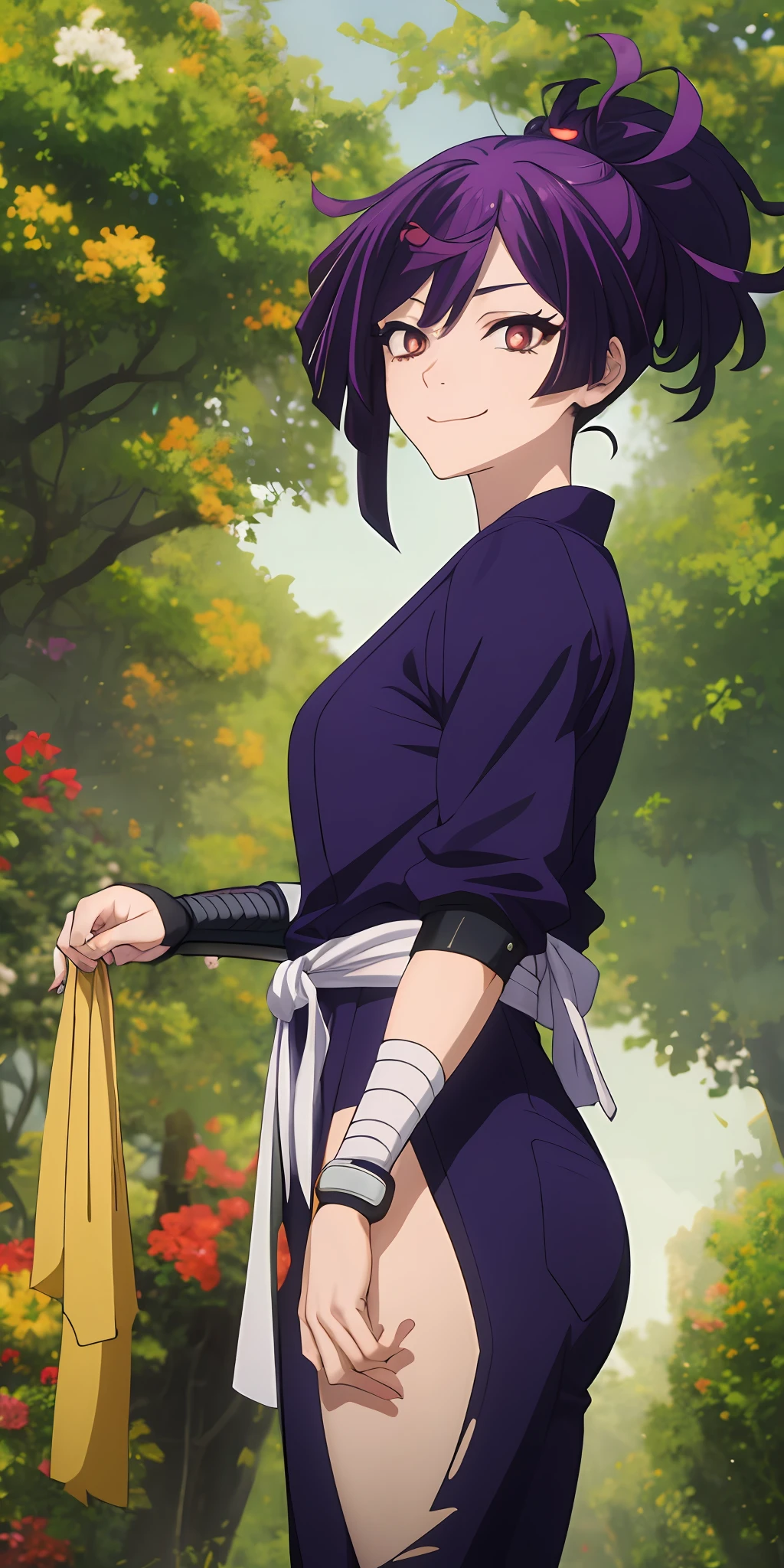 best quality, masterpiece, topknot, medium hair, breasts apart, seductive smile, pants, anime, character, beta, yuzuriha, jigokuraku, kizuki, yuzuriha_(jigokuraku), purple hair, brown eyes, ninja, bukkake, top knot, dress, torn clothes, perfect