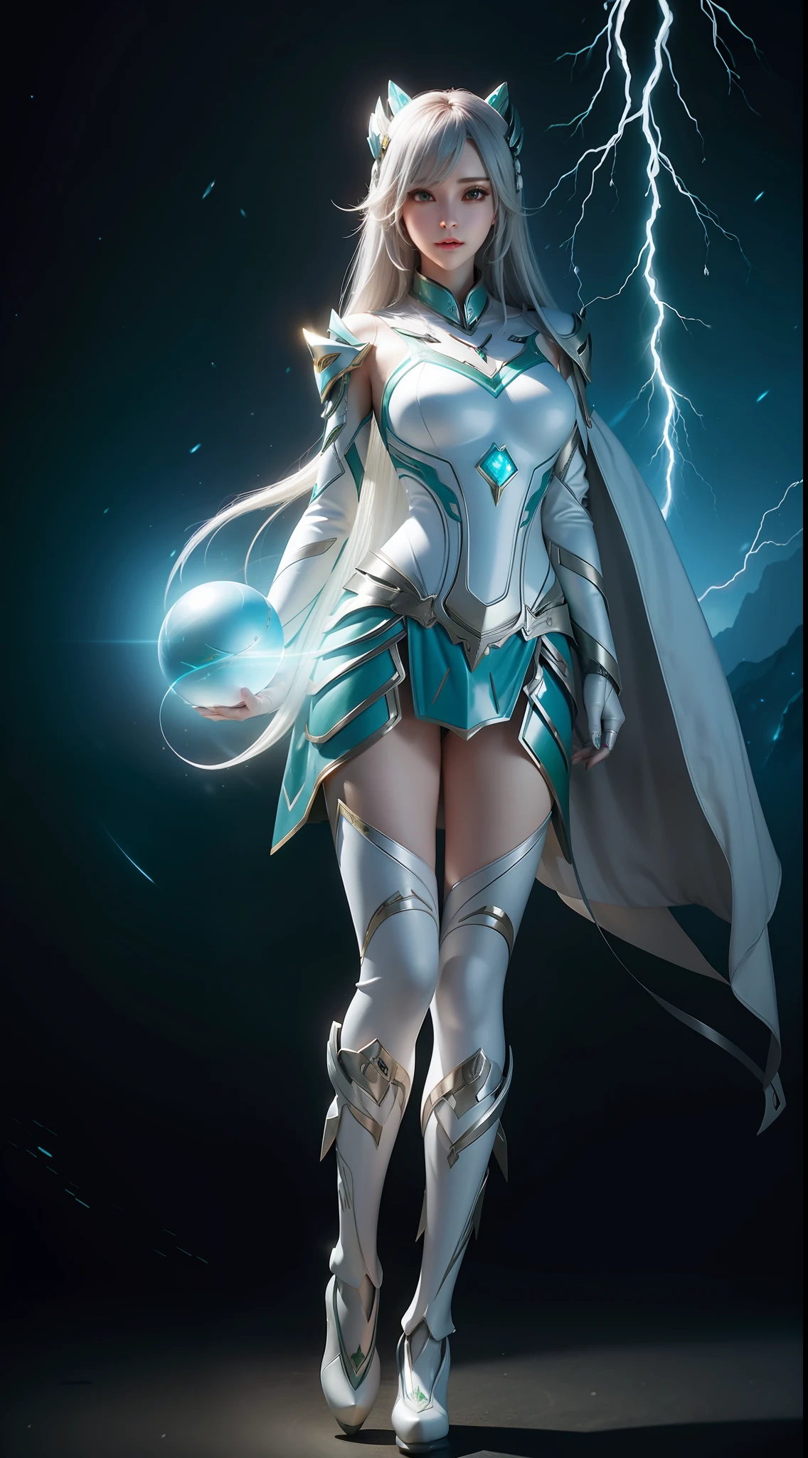 Female green mech sculpture，Skysky，The mech is rich in detail，Mechanical skin texture，Silver robot wing detail，Silver lightning ball