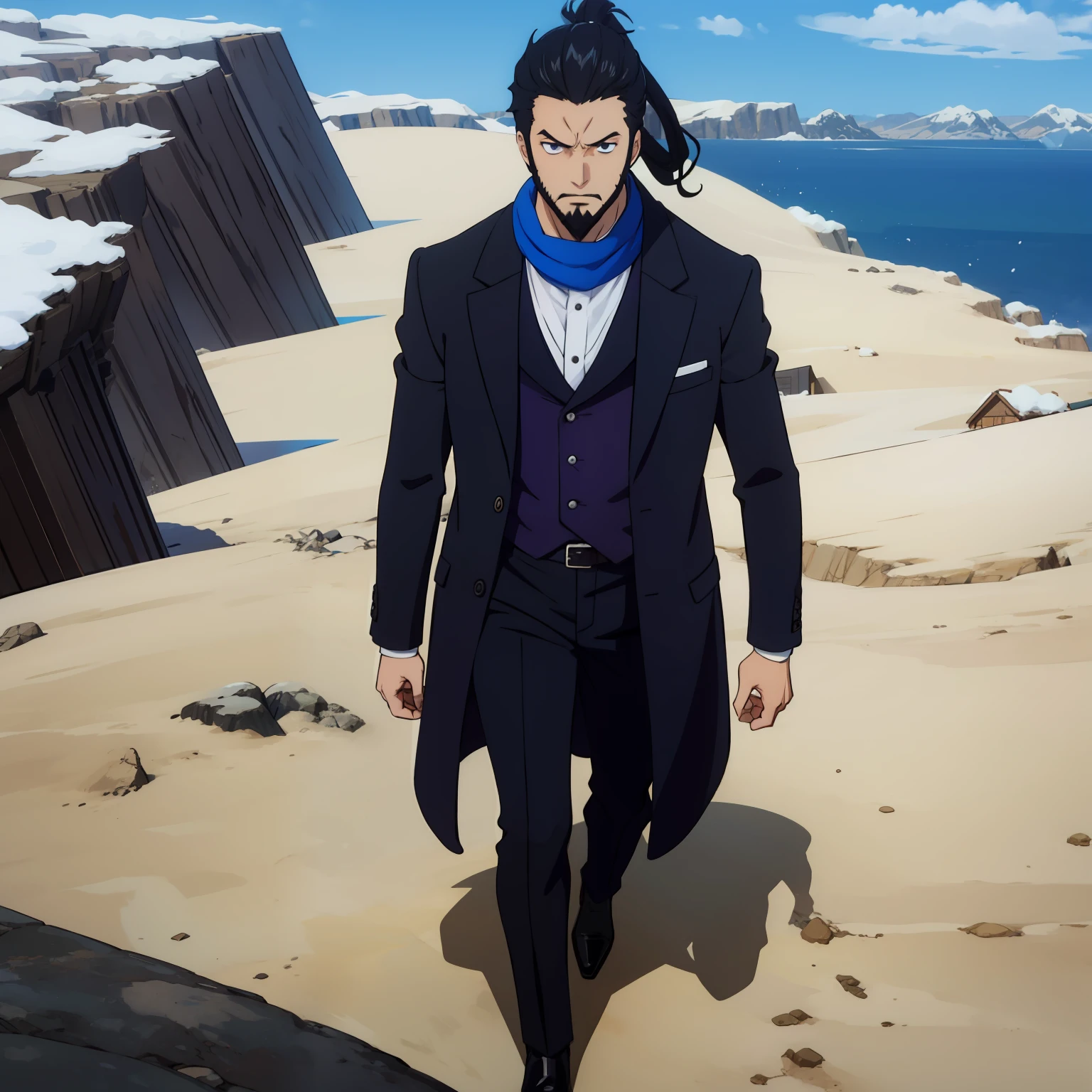 anime, man, young, neck blue scarf, black suit, black overcoat, short ponytail, tiny beard