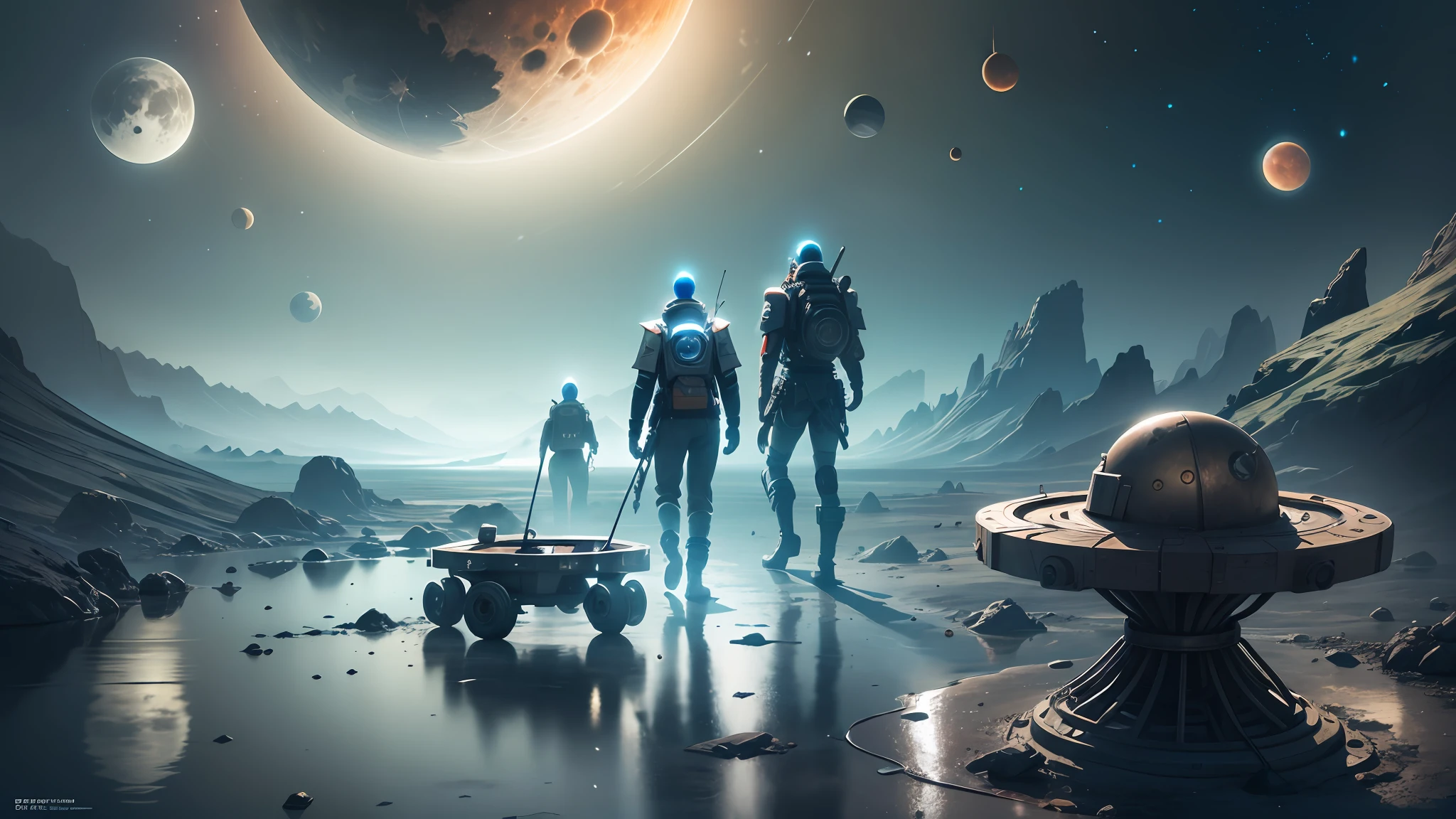 bored people wandering through mechanical devices of science fiction, celestial bodies and ancient symbols, high resolution, HD, 1920x1080 px --auto --s2