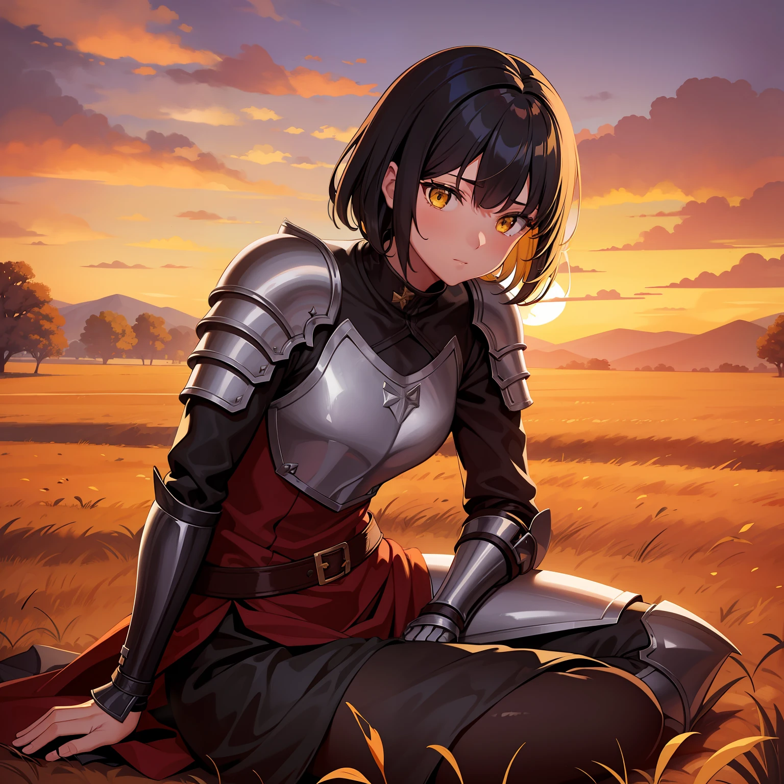 1.A  girl, 独奏,  Dirty knightly armor, Short Hair Hair, black, Long bangs, Yellow eyes, Blindfold on the right eye, Wheat field, Evening, Orange sky, Yellow Sun, puddles, autumn, falling leaves, Sateen, Clouds in the sky, steam from the mouth, Sitting on the ground, The knight's helmet and sword lie on the ground, dark-skin.Sad look