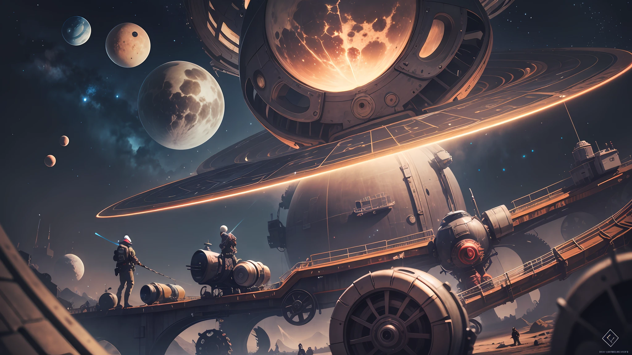 bored people wandering through mechanical devices of science fiction, celestial bodies and ancient symbols, high resolution, HD, 1920x1080 px --auto --s2