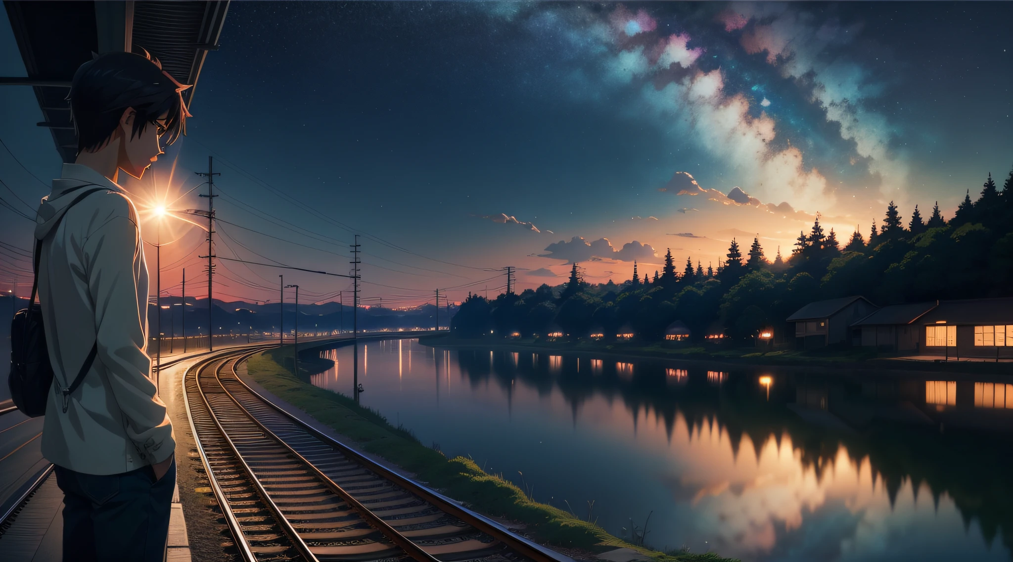 Obra-prima de alta qualidade, paisagem, anime train passing through bodies of water on tracks, Bright starry sky. Romantic train, pixiv, arte conceitual, estilo de arte lofi, reflection. arte lofi, cena de anime bonita, paisagem de anime, detailed scenery - width 672, em estilo de Makoto shinkai, estilo de Makoto shinkai, detalhes aprimorados.