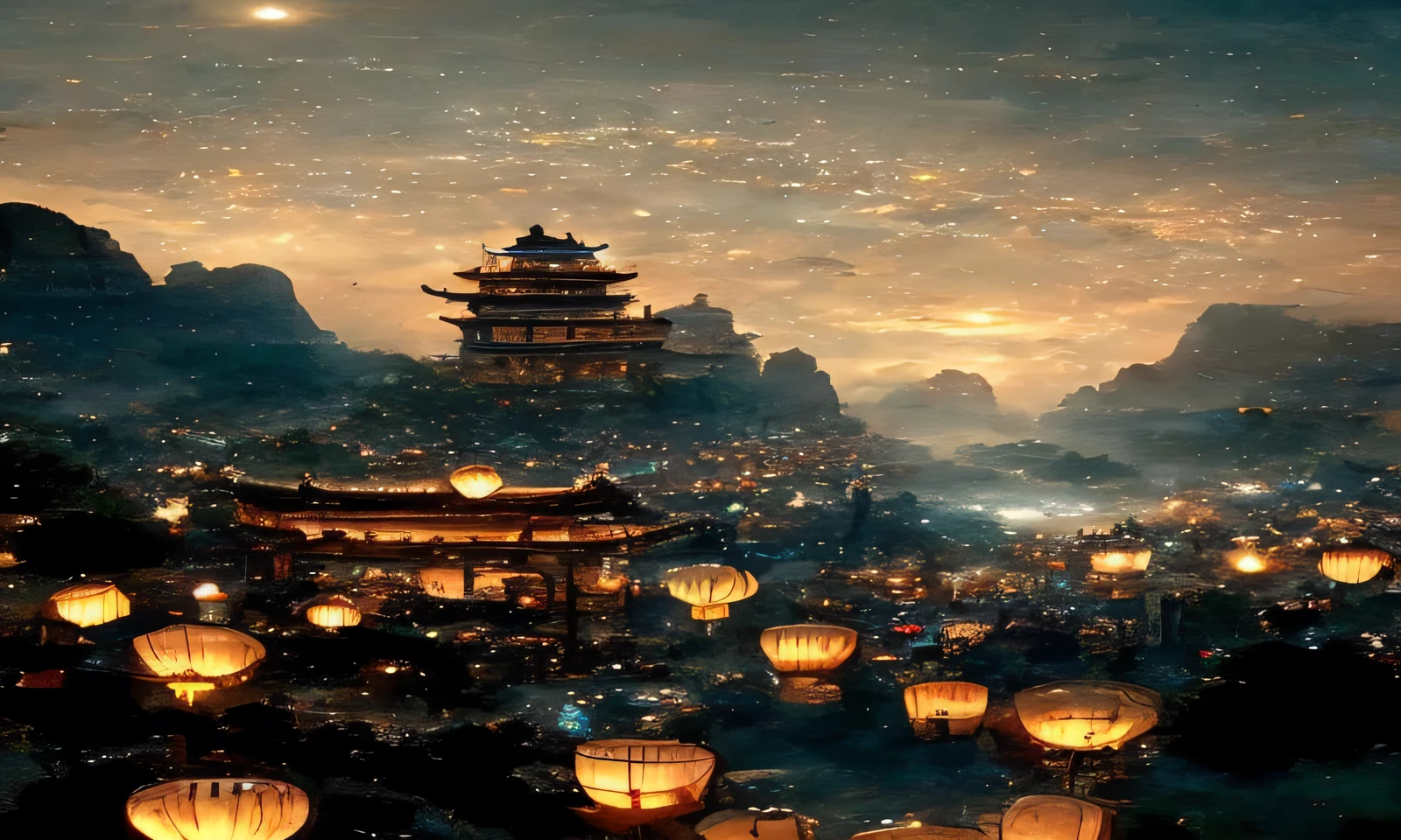 Alafid view of the city with lanterns in the sky, dreamy Chinese towns, cyberpunk chinese ancient castle, Beautiful rendering of the Tang Dynasty, Gorgeous atmosphere, ancient cyberpunk 8k resolution, very beautiful matte painting, beautiful matte painting, andreas rocha style, the style of andreas rocha, author:Han Gan, A beautiful matte painting, dreamland of chinese