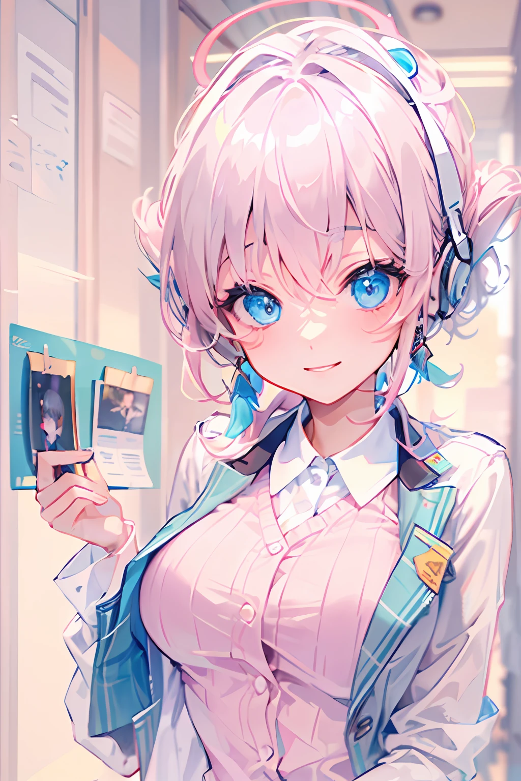 ((masterpiece, best quality)), (1girl),((mature female)), lightpink hair, halo, horn, ((office lady )),bangs,middle breast,(busty),slim,smile, [wide hips],office,standing, aru \(blue archive\),
