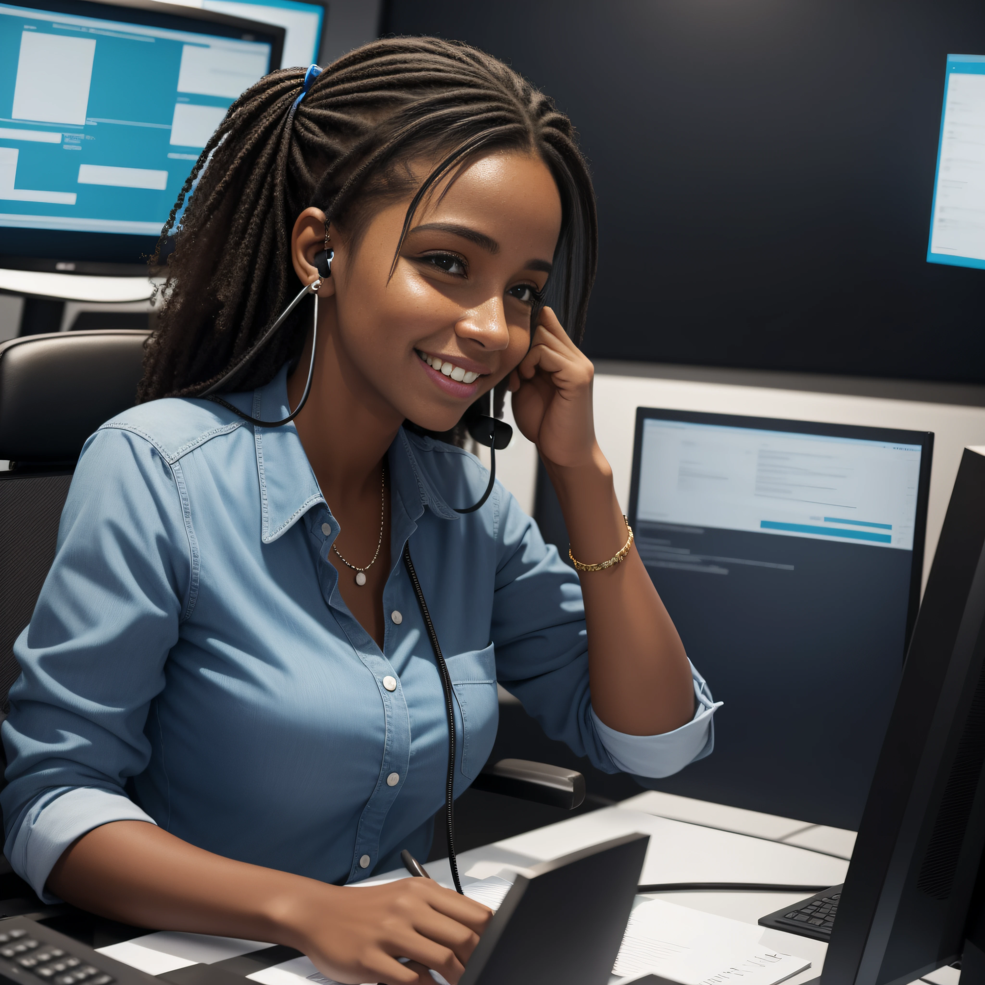Mulher negra trabalhando como atendente no call center. Realista. She's talking. is happy. Realista. 4K. highes definition.