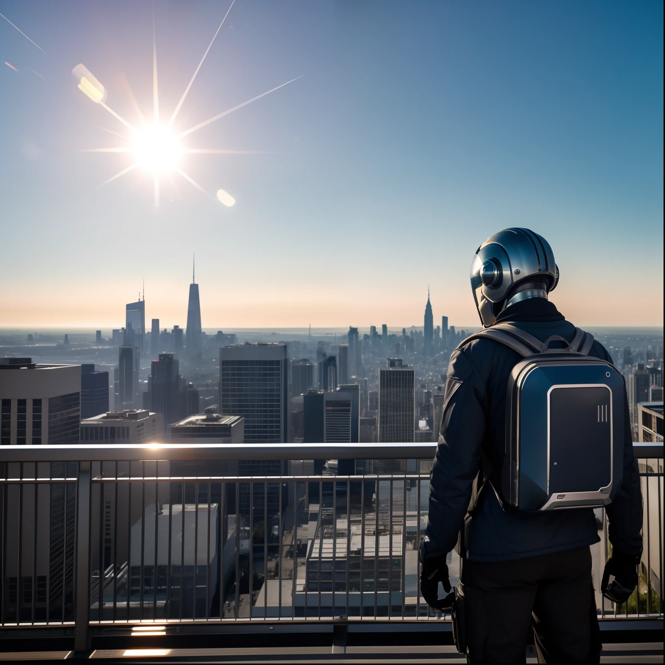 daylight, (rear) extreme wide shot of 25-year-old (unrecognizable person with futuristic backpack looking at the city, facing away, with scyberpunk helmet, standing in front of a futuristic cityscape), (((wearing sci-fi blue and silver clothes))), looking straight forward, best quality masterpiece, photorealistic, detailed, 8k, HDR, sunlight, sunflares, bokeh, sharp focus, RAW color photo, analog style