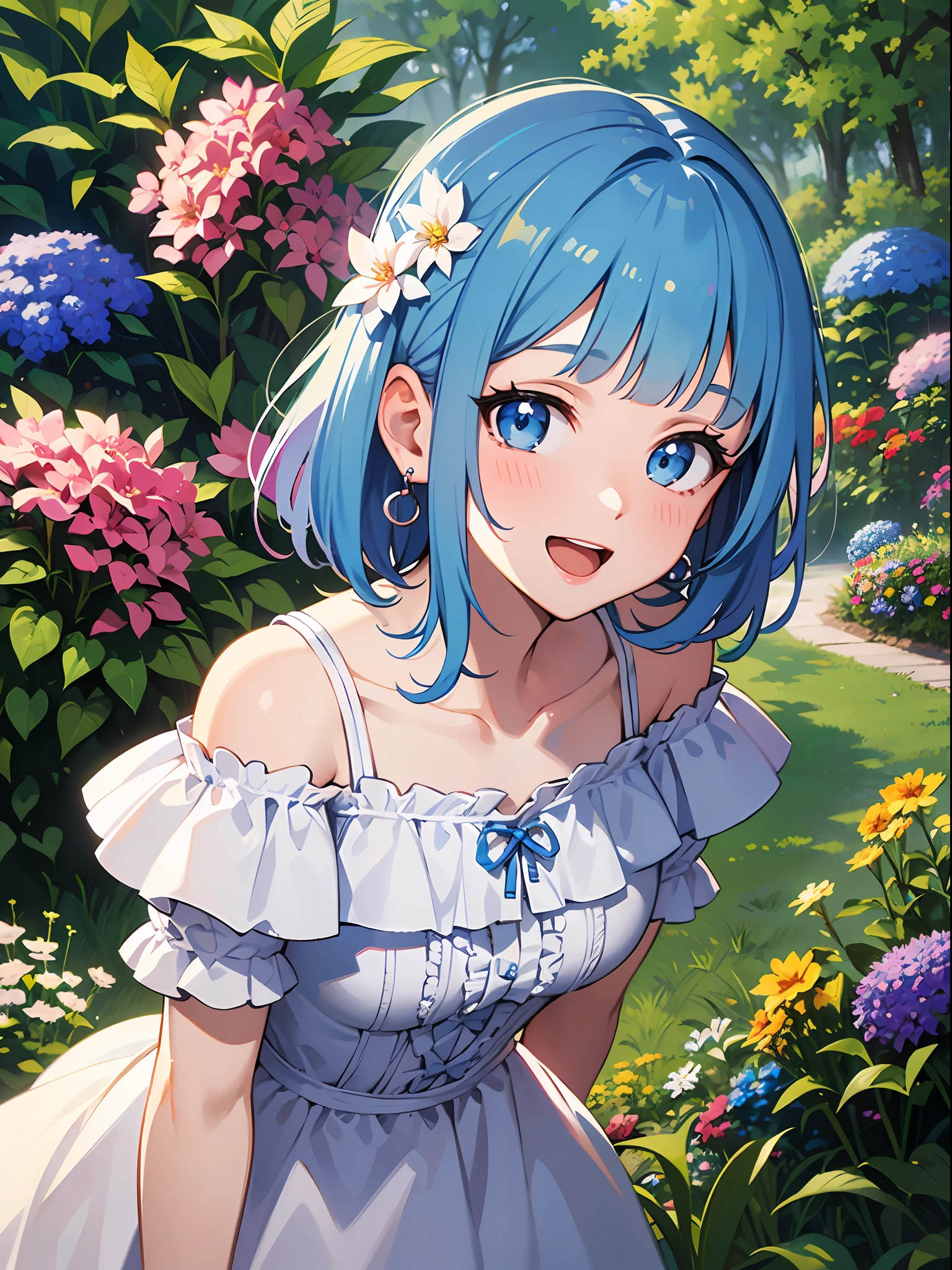 (masterpiece:1.3), (best quality:1.3), high resolution, 


overlook view, couboy shot, 
leaning forward, body facing forward, 

(one cute girl:1.3), solo, 
white skin, small Breast, eight-headed person, 
light blue hair, (bobbed hair:1.2), (short hair:1.1), (blunt bangs:1.2), beautiful hair, blue eyes, beautiful detailed eyes, 

blush, open mouth, cheerful smile, 

short dress, frill, white and blue clothes, earrings, 

outdoors, flower garden, natural park, 

shadowlighting,