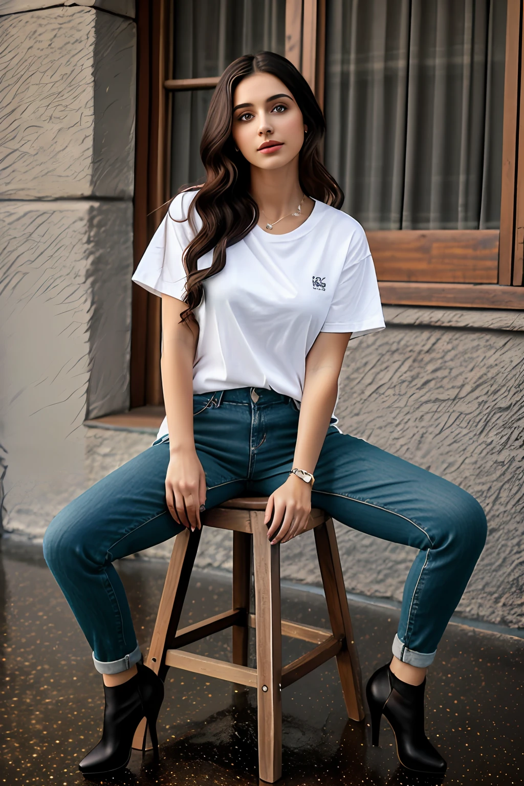 ((Best Quality, 8k, Masterpiece:1.3)), Focus: 1.2, Perfect Body Beauty: 1.4, Arabian 27 years old woman: 1.2, ((Black curly Hair)), (Brown plain, round neck, regular fit basic tee-shirt:1.1), no print on Tee-shirt, No bra, Rounded neck basic full body length, regular fitting dark brown tee-shirt, Mid Blue skinny jeans, low rise jeans, long jeans: 1.1, short sleeves brown regular tee-shirt, full length green tee-shirt, Highly detailed face and skin texture, Detailed eyes, Double eyelids, toned body, Whitened skin, serious mood, firm big breasts, perfact healthy legs, high heel's, whitened skin, detailed jet black eyes, black wavy hairstyle, detailed face, middle eastern woman, baggy medium size basic tee-shirt, simple plain regular Tee-shirt, large round hips, 8K UHD, Silver anklet, model looks, city in night, rainy weather, night time, silver wrist watch, bracelet, bangle's, open legs style Posing, , sitting on a old wooden chair, high heels, detailed beautiful feets, detailed feets fingers and shape, hills area, rainy atmosphere, model shoot style, sitting on old stool, wooden chair, wooden bench, night time, lots of hills, lighthouse