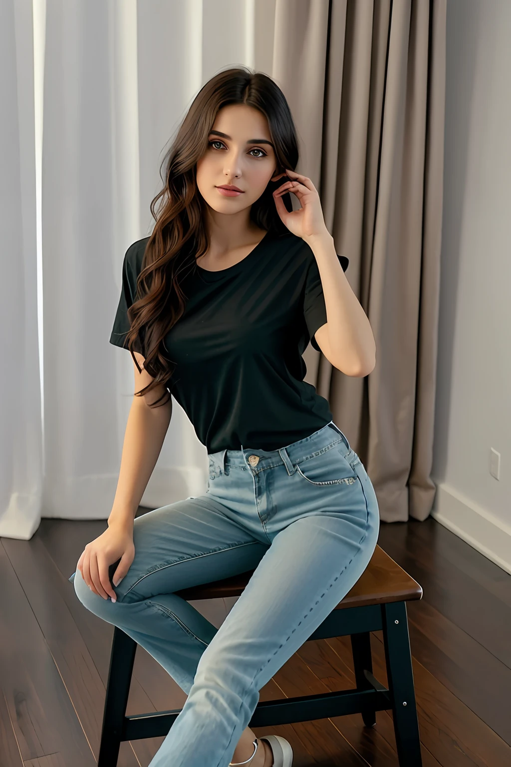 ((Best Quality, 8k, Masterpiece:1.3)), Focus: 1.2, Perfect Body Beauty: 1.4, Arabian 27 years old woman: 1.2, ((Black curly Hair)), (Brown plain, round neck, regular fit basic tee-shirt:1.1), no print on Tee-shirt, No bra, Rounded neck basic full body length, regular fitting dark brown tee-shirt, Mid Blue skinny jeans, low rise jeans, long jeans: 1.1, short sleeves brown regular tee-shirt, full length green tee-shirt, Highly detailed face and skin texture, Detailed eyes, Double eyelids, toned body, Whitened skin, serious mood, firm big breasts, perfact healthy legs, high heel's, whitened skin, detailed jet black eyes, black wavy hairstyle, detailed face, middle eastern woman, baggy medium size basic tee-shirt, simple plain regular Tee-shirt, large round hips, 8K UHD, Silver anklet, model looks, city in night, rainy weather, night time, silver wrist watch, bracelet, bangle's, open legs style Posing, , sitting on a old wooden chair, high heels, detailed beautiful feets, detailed feets fingers and shape, hills area, rainy atmosphere, model shoot style, sitting on old stool, wooden chair, wooden bench, night time, lots of hills, lighthouse