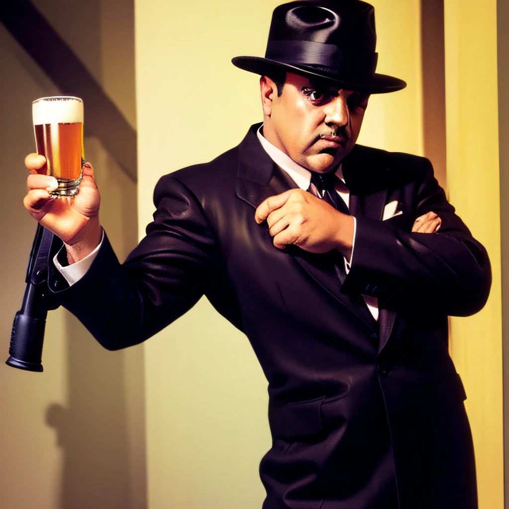 One Al Capone look alike sly Lil Homie character in a zoot suit, pointing a Tommy gun in one hand and a mug of beer in the other.