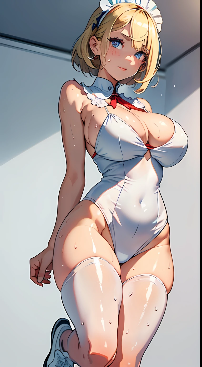 1girl, solo, maid uniform, white sneakers, maid wear, white background, masterpiece, best quality, realistic, hyper-detailed, (shiny skin, sweaty:1.4), absurd, looking at viewer, short blonde hair, red eyes, slender, dynamic lighting, high resolution, sharp focus, depth of field, detailed eyes, sharp pupils, realistic pupils, (big breasts:1.6), (thick thighs:1.0), full body, hazel eye