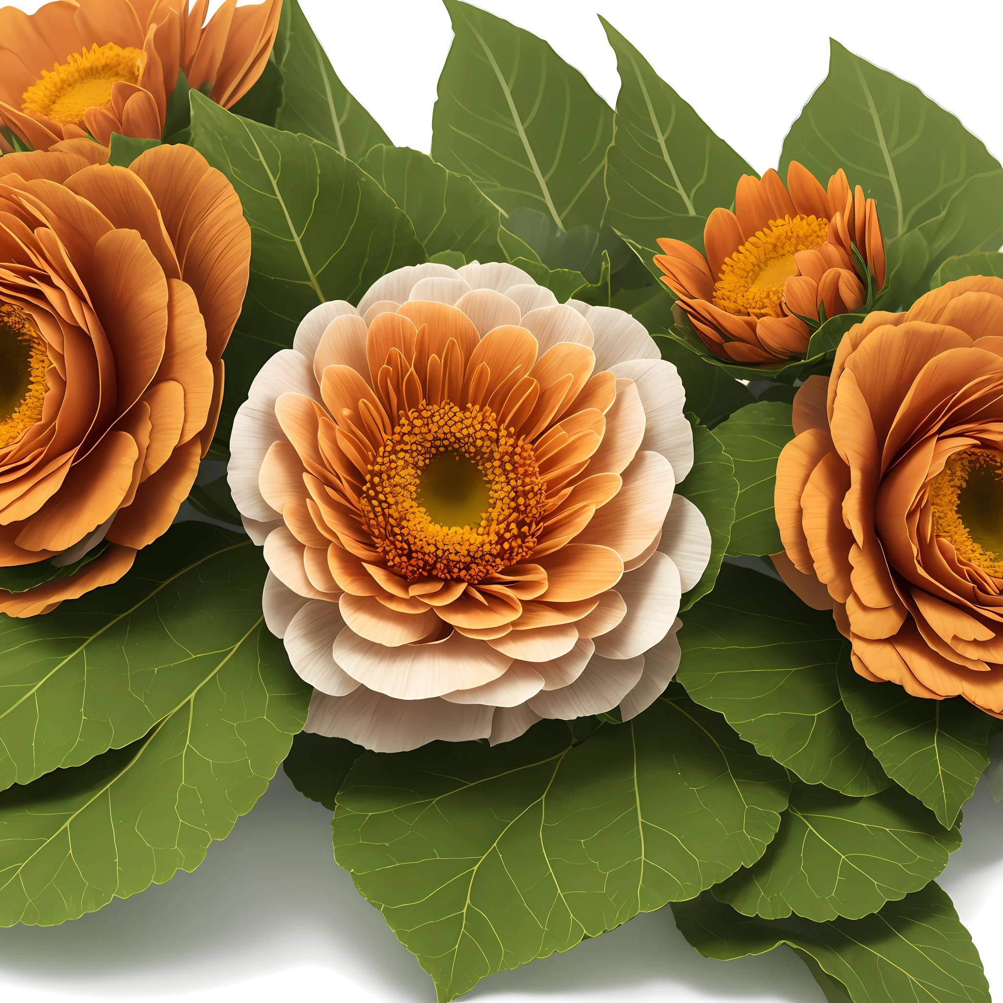 three flowers together brown, with olive green leaves, on a white background, autumn floral, for wedding --auto --s2