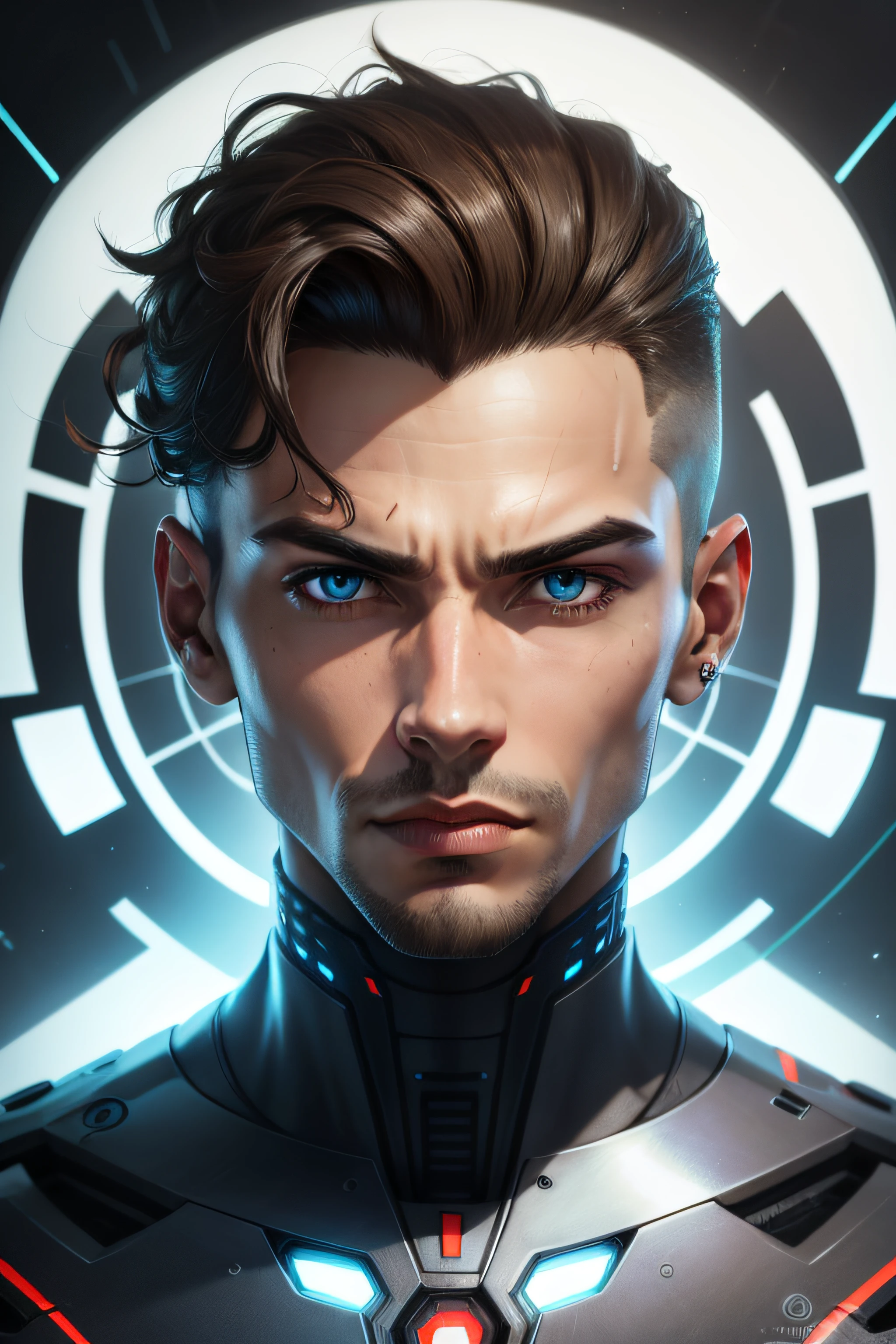 Head of a perfect male cyborg, futurista