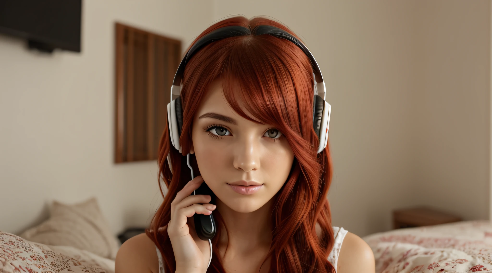 mulher com cabelos ruivos usando fones de ouvido e deitada em uma cama, usando fones de ouvido, Fones de ouvido ligados, Fones de ouvido vermelhos, headphones on head, com fones de ouvido, Redhead Girl, flowing red hair, meninabelos vermelhos, menina do caermelho, Deusa dos cabelos ruivos, long flowing red hair, cabelos vermelhos brilhantes, Usando fones de ouvido, longos cabelos ruivos brilhantes, cabelos ruivos grandes ondulados, longos cabelos vermelhos cachos