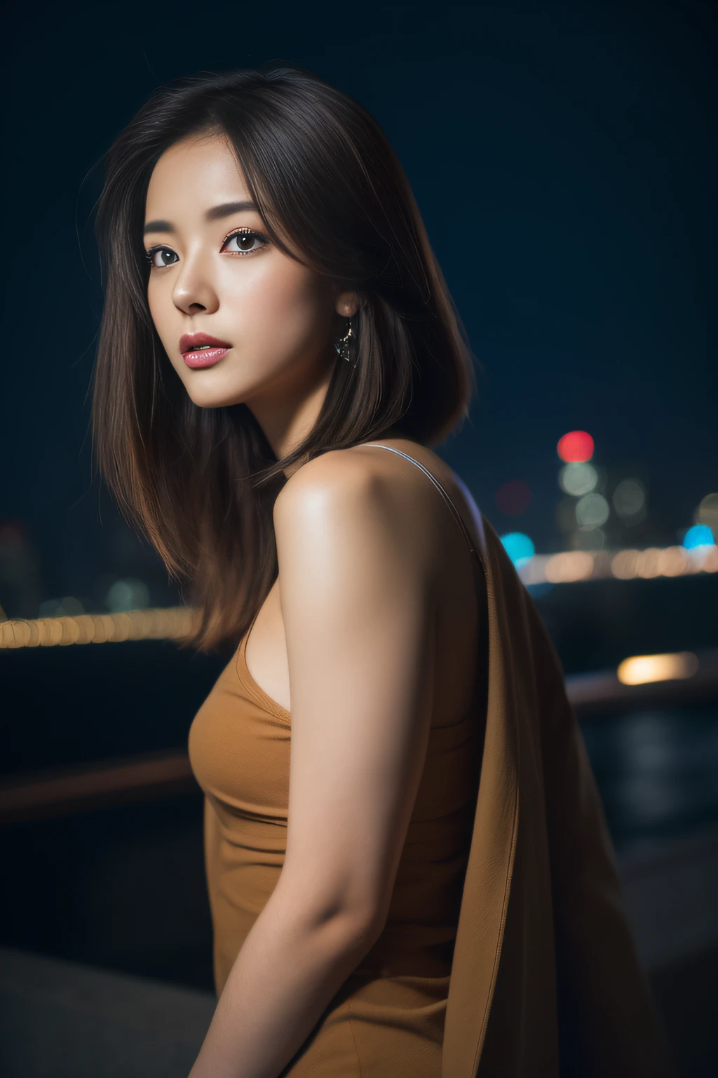 (masterpiece, top-quality, 超A high resolution),(20 year old woman,Japan good looking woman),(perfect anatomia、Full limbs、Perfect physiology), Cyberpunk 1 girl flying over stunning cityscape ,parka,Brown hair, Neon Color Shooting Star, length hair, off shoulders, feathers hair ornament, neon color, The Flash, stunning night sky, 电影灯光, Photorealsitic, real looking skin, HDR,fish-eye lens、bontage、huge tit、(Healthy body、Beautiful skin、Model-grade body),Strange thieves、illusion、