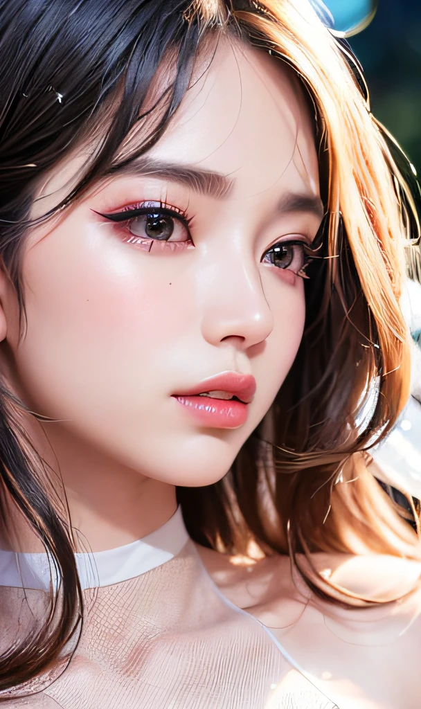 (8k, RAW photo, photorealistic:1.25) ,( lipgloss, eyelashes, gloss-face, glossy skin, best quality, ultra highres, depth of field, chromatic aberration, caustics, Broad lighting, natural shading, Kpop idol) looking at the audience With serenity and goddess-like bliss,