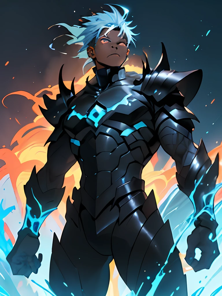 (Melhor qualidade, alta resolução, Obra-prima :1.3),black skinned anime guy, blue hairs, full black monster armor with blue neon details, brown skin, anime style 2D,4k, fire powers, water powers