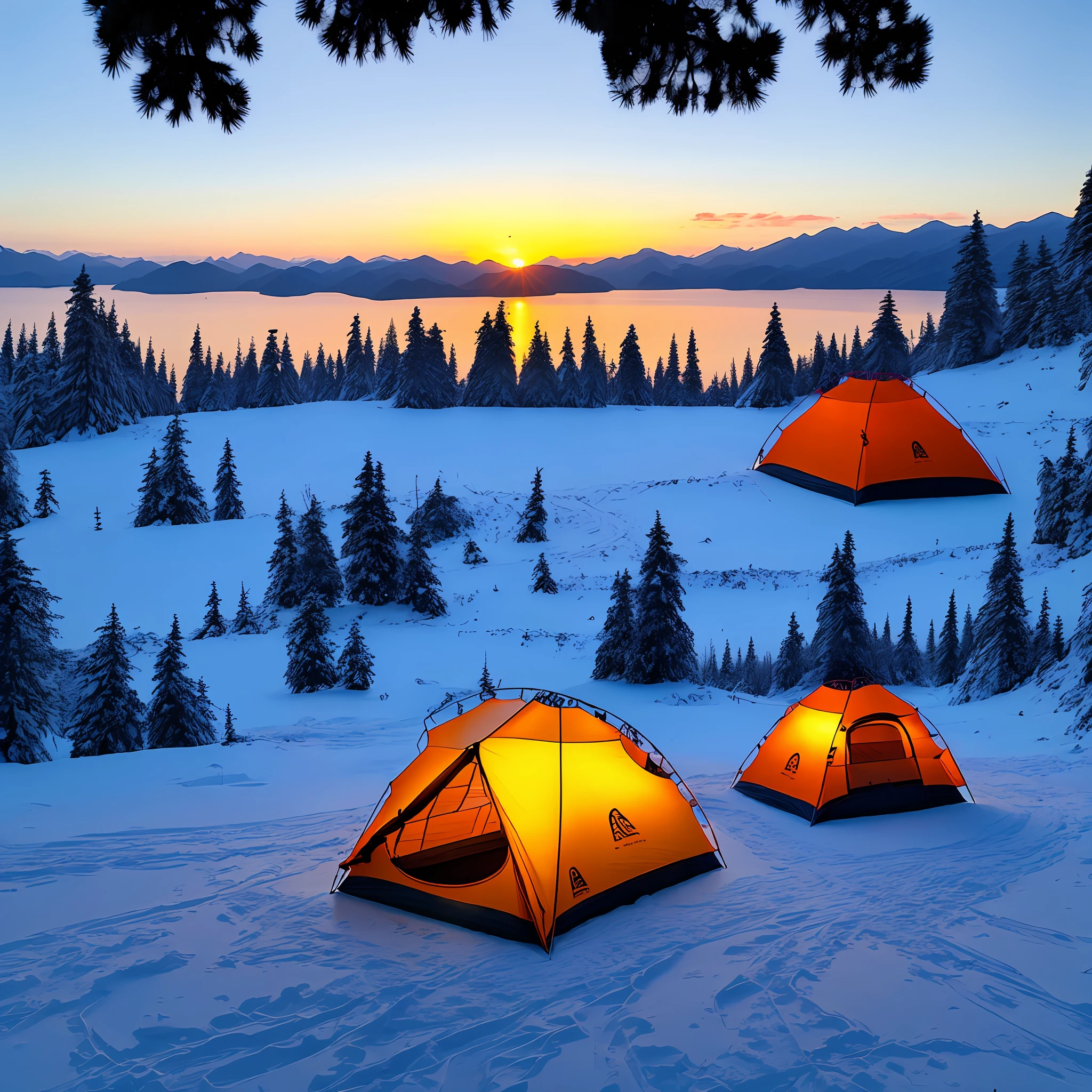 Winter Changbai Mountain Sunset Lake Couple Tent