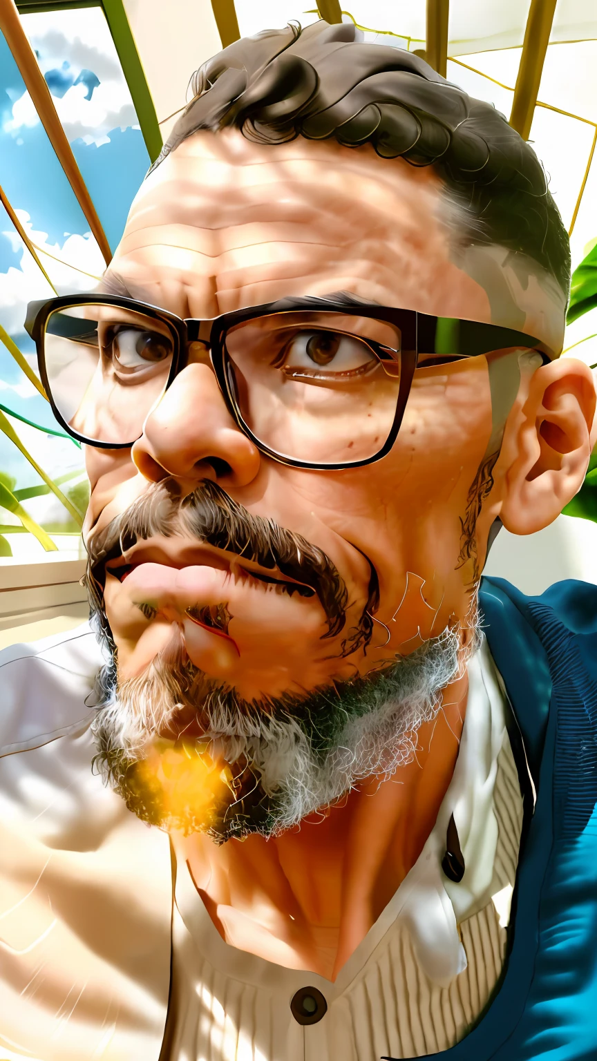 there is a man with glasses and a beard sitting at a table, with glasses and goatee, with nerdy glasses and goatee, com nerd! glasses! e cavanhaque, looking away from camera, looking to the side off camera, man with glasses, foto de um homem branco de 50 anos, um sal&cavanhaque pimenta