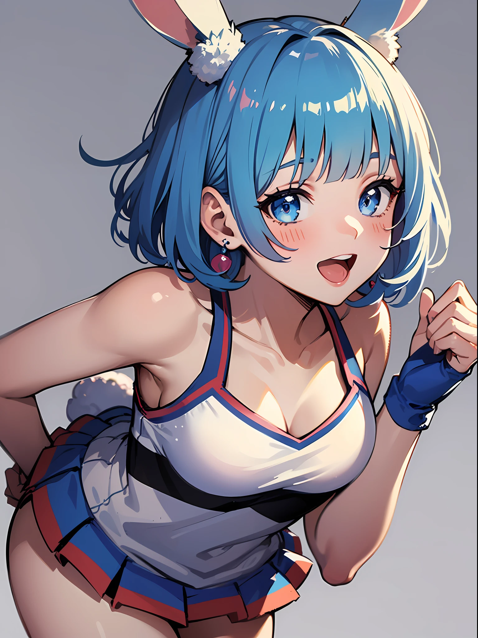 (masterpiece:1.3), (best quality:1.3), high resolution,
overlook view, couboy shot,
leaning forward, body facing forward,
(one cute girl:1.3), solo,
white skin, small Breast, eight-headed person,
light blue hair, (bobbed hair:1.2), (short hair:1.1), (blunt bangs:1.2), beautiful hair, blue eyes, beautiful detailed eyes,
blush, open mouth, cheerful smile,
(rabbit ears:1.3), frill, cheerleader girl, cheerleading pompons, white and blue clothes, earrings,
(white background:1.2),
shadowlighting,