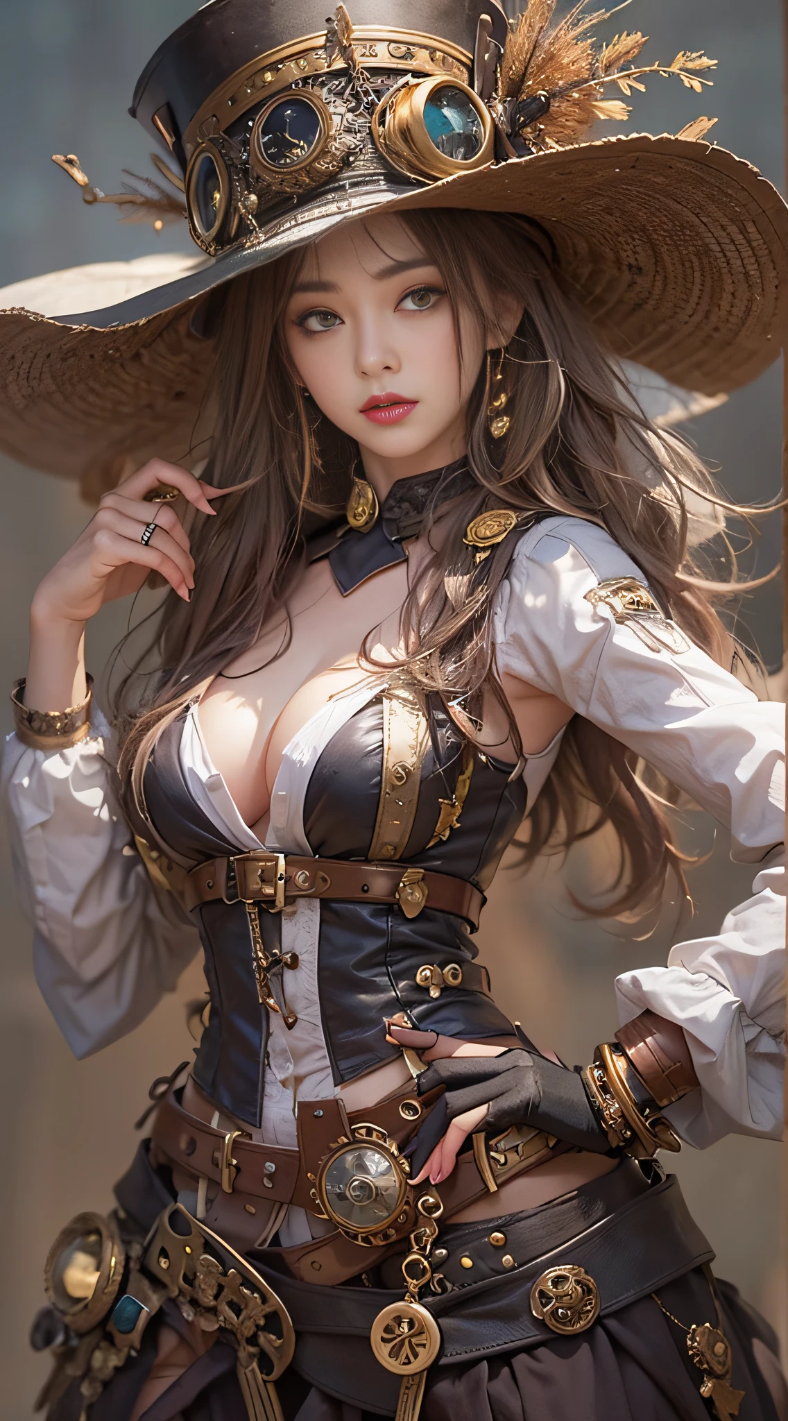 Lady of Alafed – steampunk costume and hat pose for photo, steampunk beautiful anime woman, by Yang J, guweiz on artstation pixiv, Stunning character art, cushart krenz key art feminine, fantasy outfit, guweiz on pixiv artstation, chengwei pan on artstation, style of wlop