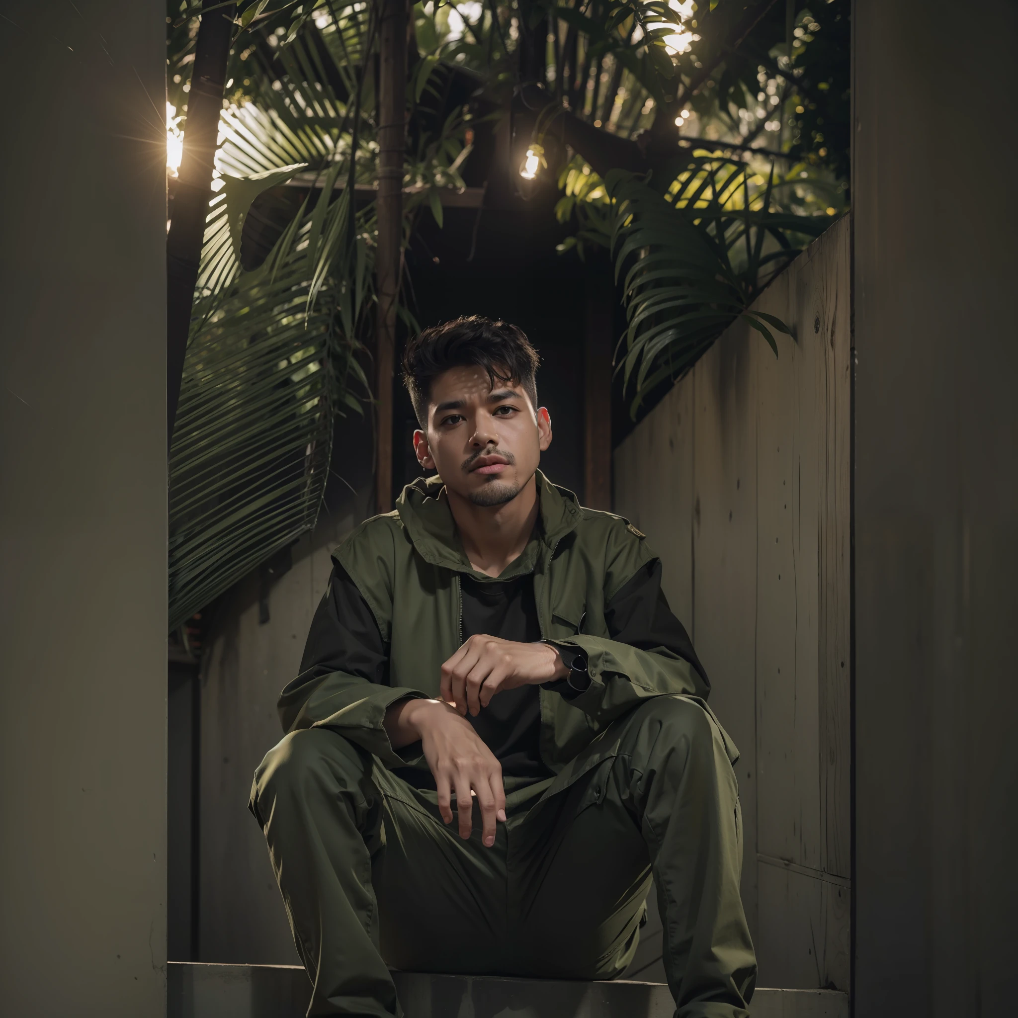 Change background and change pant into black cargo and change shirt into olive green colour with ultra 8k vissuals