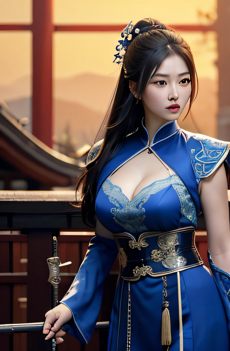 Best quality,masterpiece,ultra high res,(photorealistic:1.4),xiuxian,weapon,Detailed face, 1girl,solo,weapon,cleavage,(magic circle:1.2),xiuxian,upper body,Beautiful girl,full body,huge breasts,east asian architecture,sheath,architecture,