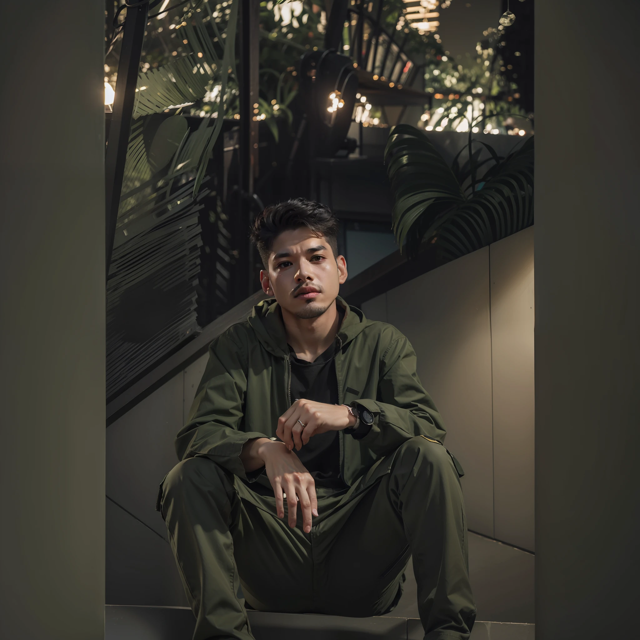Change background and change pant into black cargo and change shirt into olive green colour with ultra 8k vissuals