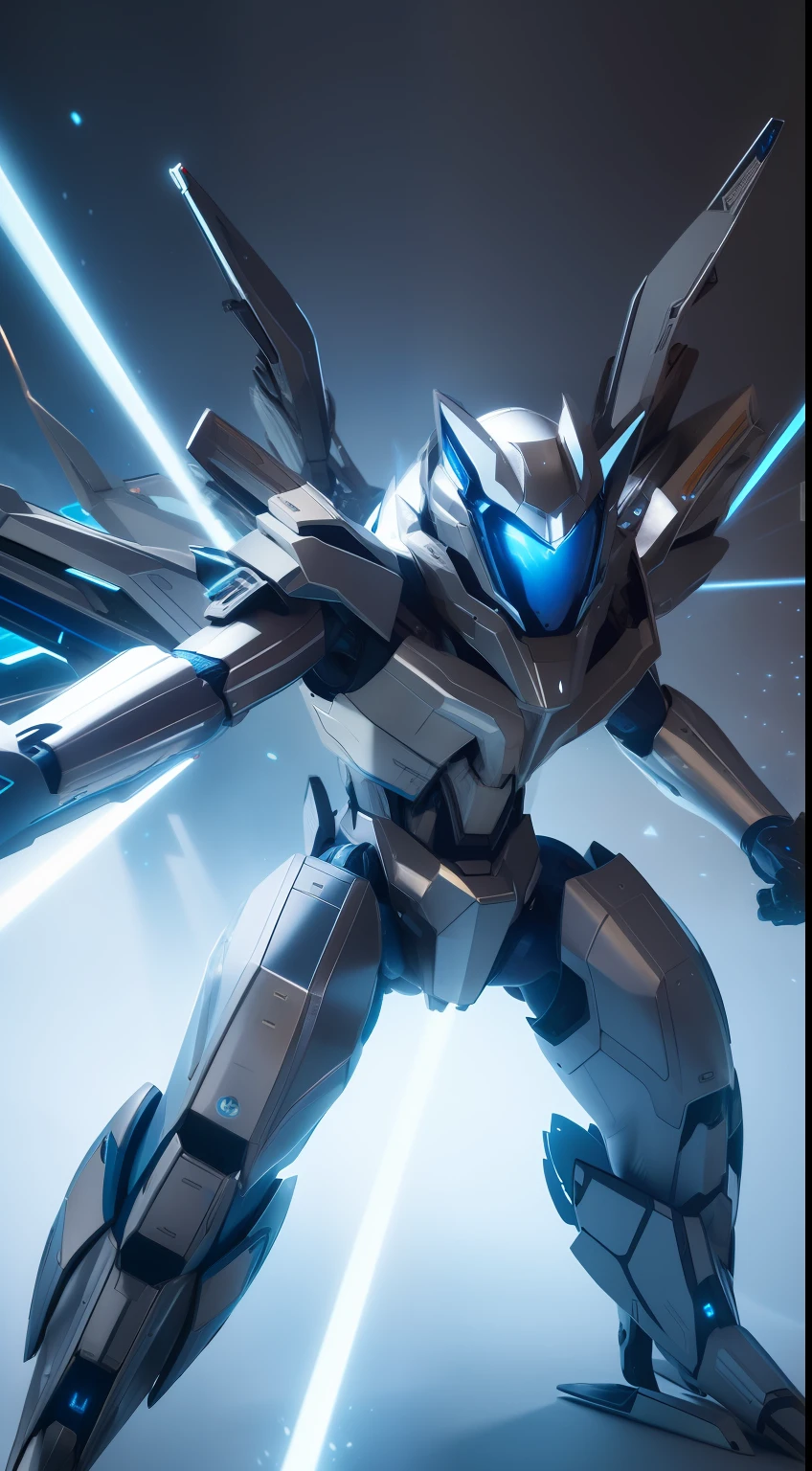 Silver-blue mech wolf，Mechanical skin，Crawling attack stance，Silver mechanical articulated wing detailing，Explosive effect，Load weapons cannon，Emits red laser rays