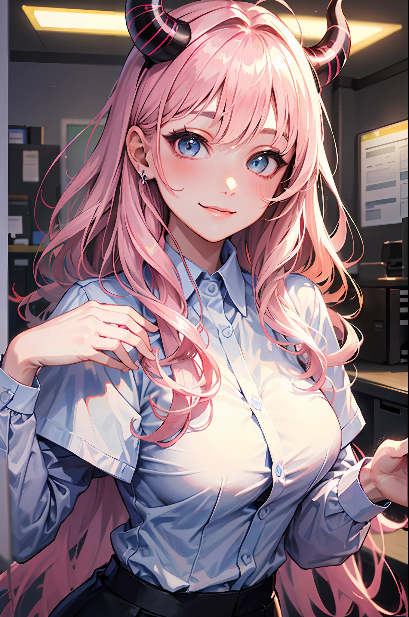 ((masterpiece, best quality)), (1girl),((mature female)), lightpink hair, halo, horn, ((office lady )),bangs,middle breast,(busty),slim,smile, [wide hips],office,standing, aru \(blue archive\),