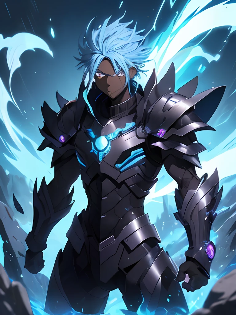 (Melhor qualidade, alta resolução, Obra-prima :1.3),black skinned anime guy, blue hairs,medium hairs, full black monster armor with blue neon details, brown skin, anime style 2D,4k, fire powers, water powers