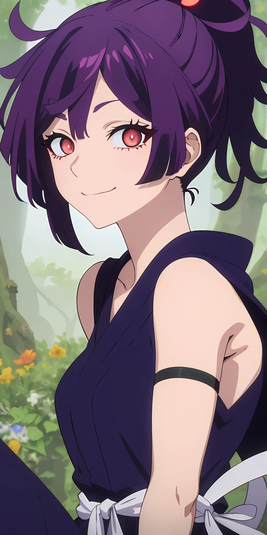 dynamic angle,ultra-detailed, illustration, close-up, straight on, best quality, masterpiece, topknot, medium hair, breasts apart, seductive smile, pants, anime, character, beta, yuzuriha, jigokuraku, kizuki, yuzuriha_(jigokuraku), purple hair, brown eyes, ninja, top knot, dress, perfect, [[delicate fingers and hands:0.55]::0.85],(detail fingers),(glowing eyes:1.233),(beautiful and detailed eyes:1.1),