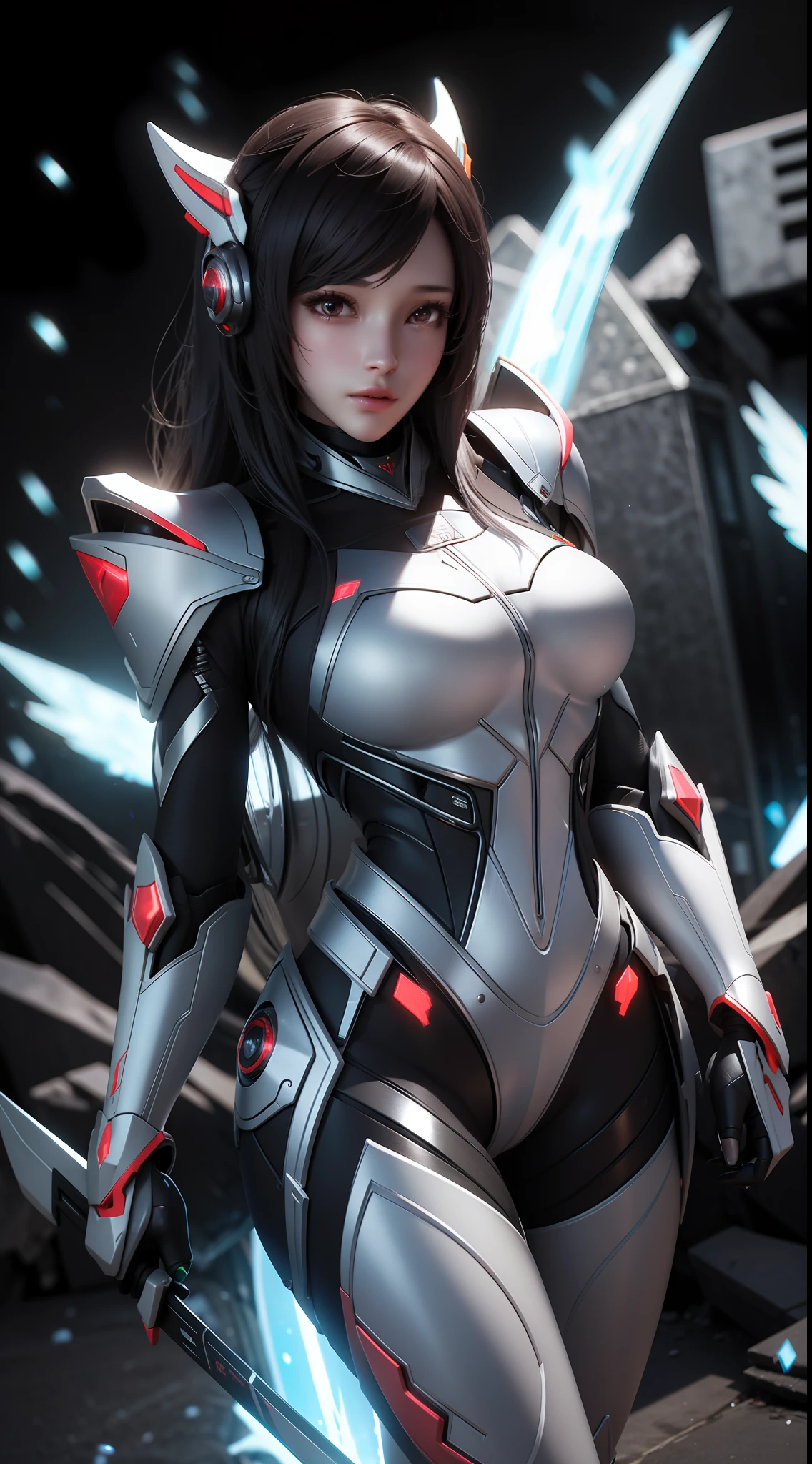 Female black mech sculpture，Skysky，The mech is rich in detail，Mechanical skin texture，Silver robot wing detail，Silver lightning ball，holding knives，Explosive effect