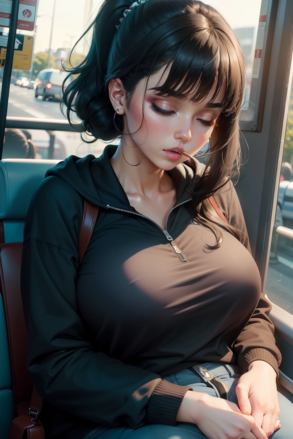 1 beautiful woman, large body, curvy, 30 years old, eyes closed, false eyelashes, short ponytail, bangs, black hair, eyelids made up, eyelids outlined with makeup, black polo shirt with a pattern, light blue jeans, black jacket with zipper and hood over polo shirt, slippers, wearing a brown bag, asleep with her mouth open, asleep lying on the bus seat, hands in her lap, mouth wide open, lips made up, nodding.