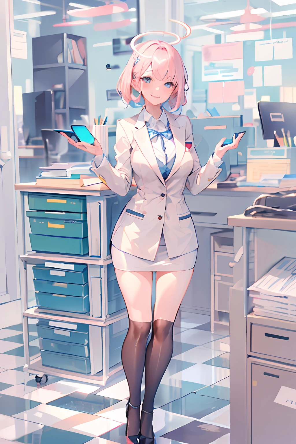 ((masterpiece, best quality)), (1girl),((mature female)), lightpink hair, halo, horn, ((office lady )),bangs,middle breast,(busty),slim,smile, [wide hips],office,standing, aru \(blue archive\),