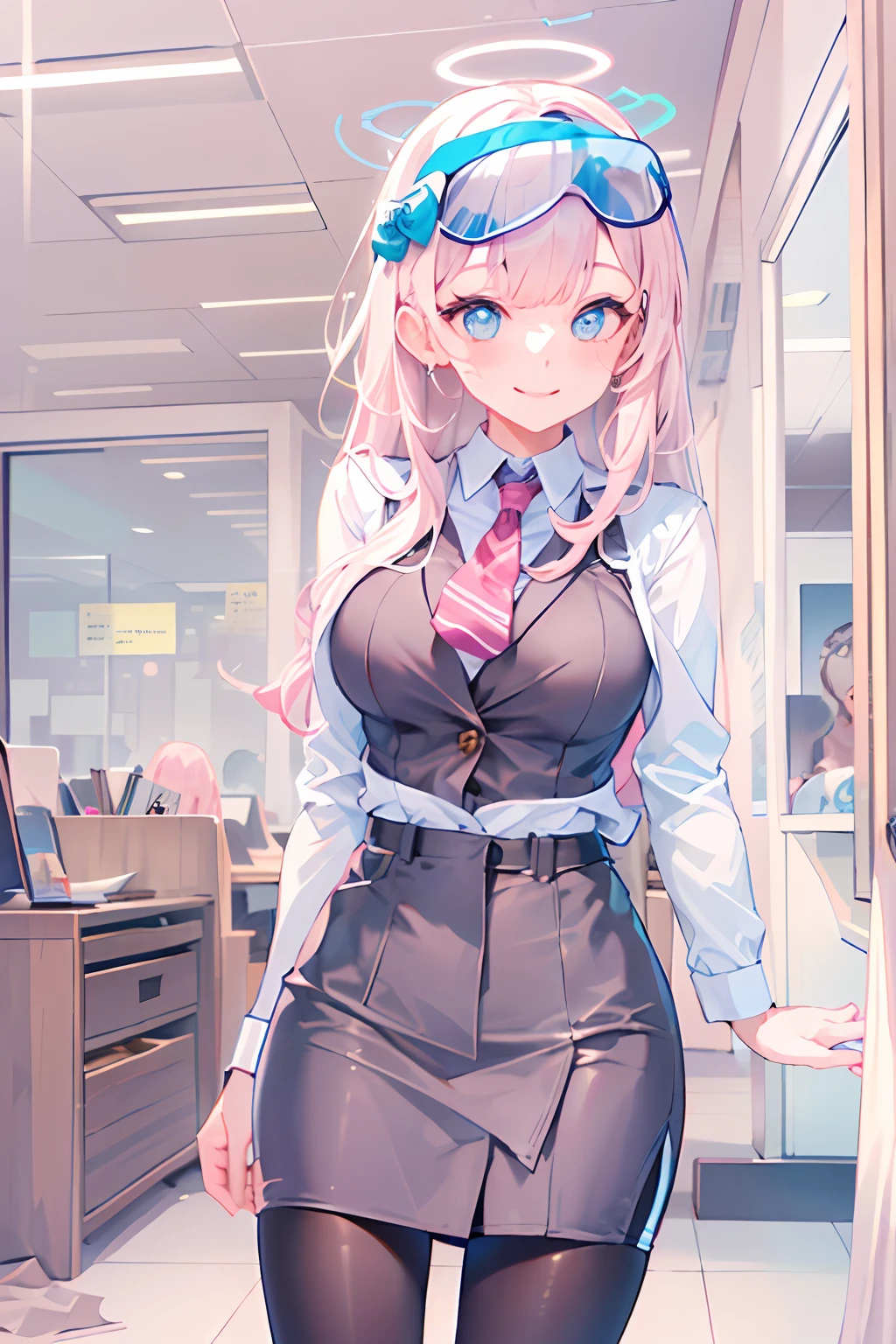 ((masterpiece, best quality)), (1girl),((mature female)), lightpink hair, halo, horn, ((office lady )),bangs,middle breast,(busty),slim,smile, [wide hips],office,standing, aru \(blue archive\),