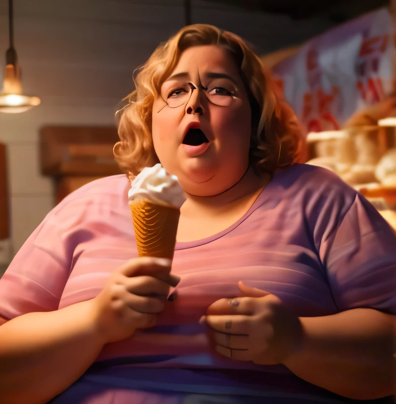 Araffe mulher na camisa rosa segurando a casquinha de sorvete na frente de seu rosto, comer sorvete, filme realista ainda, comer sorvete - creme, foto ainda, imagem promocional do filme, filme ainda do filme, ainda de um filme, obeso, captura de tela de um filme, captura de tela do filme, ainda do filme, ainda do filme, Filmado do filme