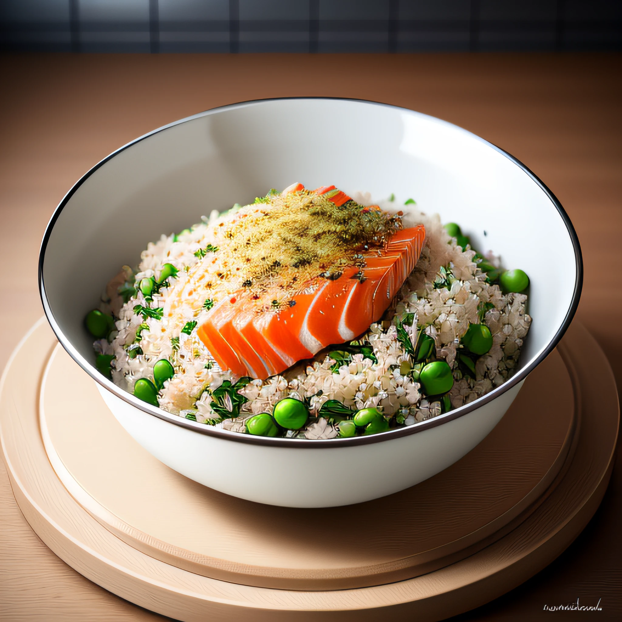 Ultra realistic style, stainless steel bowl with shredded salmon, quinoa, chopped spinach, peas, intricate details, dslr, 100 mm, pets, diffused light, Studio photography, professional advertising, 8k