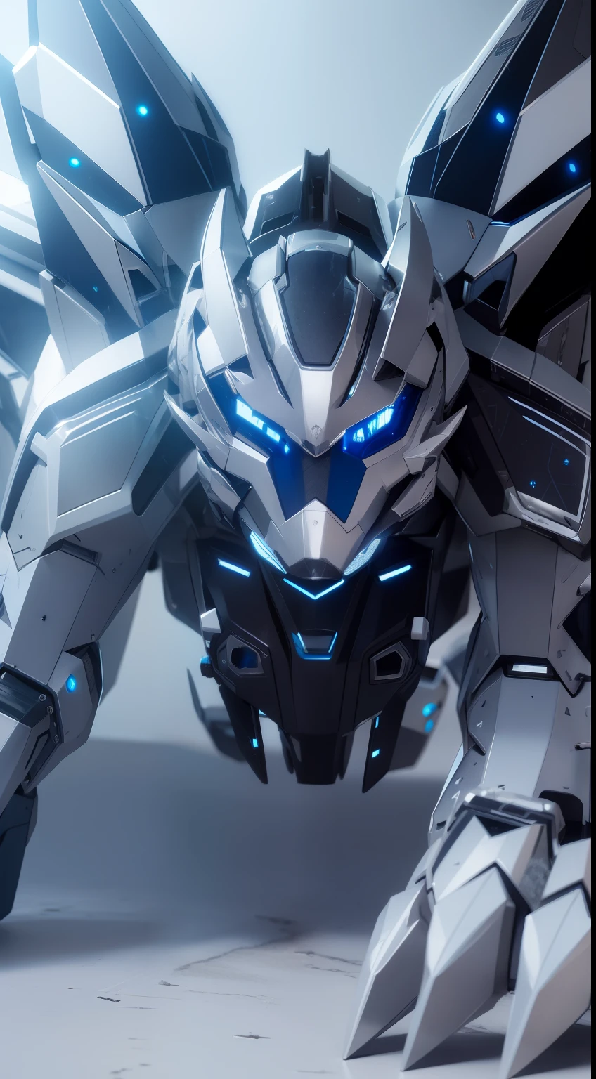 Silver-blue mecha wolf sculpture,Mechanical skin,Crawling attack stance,Silver mechanical articulated wing detailing,Explosive effect,Load weapon knives