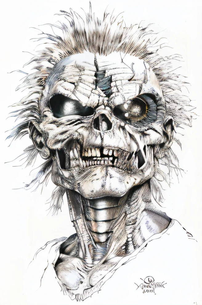 a drawing of a scary-looking man with a mohawk, Motivos de donzela de ferro brega, Donzela de Ferro, Rob Bottin, arte pushead, Directed by: Ron Walotsky, Directed by: Rick Griffin, arte em heavy metal, Directed by: Todd Lockwood, raiva. hiper detalhado, iron maiden album cover, estilo de arte heavy metal, donzela, sorriso louco, Arte em metal dos anos 1980