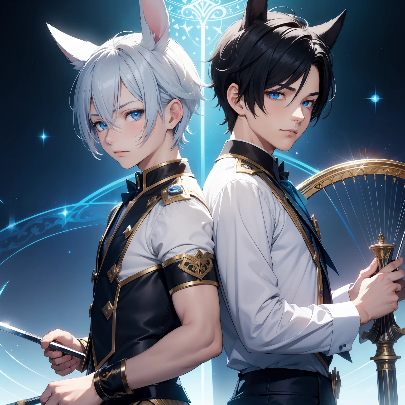 (Two boys are lovers) , Cute short black hair man with silver hair and rabbit ears,Blue Eyes Fantasy, Anime Tones, Deformed, , Detailed details, Precise background, Too much decoration for a 15-year-old, , Impressive eyes, Masculine beauty , Smirk (Short black hair++) And a man with silver hair and rabbit ears,Blue eyes diadems magia, battleing, swords, magic circles, Back-to-back trust play the harp, lyre, harp, harp