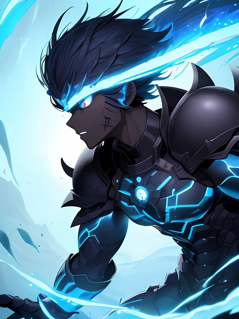 (Melhor qualidade, alta resolução, Obra-prima :1.3),black skinned anime guy, blue hairs,medium hairs, full black monster armor with blue neon details, brown skin, anime style 2D,4k, fire powers, water powers