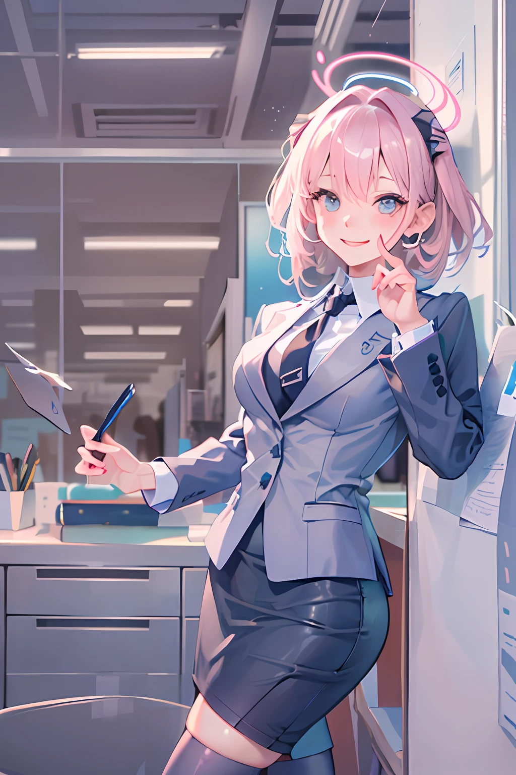 ((masterpiece, best quality)), (1girl),((mature female)), lightpink hair, halo, horn, ((office lady )),bangs,middle breast,(busty),slim,smile, [wide hips],office,standing, aru \(blue archive\),