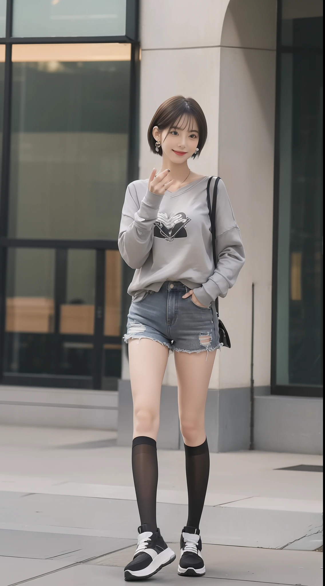 (true to life,Photorealistic 1.5),((best qualtiy, 8K, tmasterpiece:1.3)),SLR camera (二重まぶた,largeeyes:1.3),(smile1.5),(Full body photo 1.5)(One person 1.5)Clear focus 1.2, Perfect body beauty:1.4 , Delicate skin1.1,(short white hair 1.5),(Delicate facial features1.4),(Pure desire 1.3)(Black pantyhose 1.5)(The leg length is one meter two,1.5),grey sweatshirt,Black denim shorts,Slender legs,Black high-tops,With earrings,Wristband jade bracelet,Classroom corridors